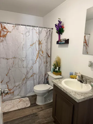 a bathroom with a granite countertop sink toilet and a mirror