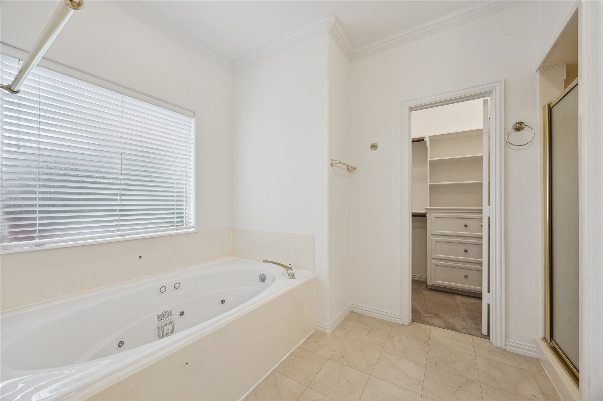 5107 Locust Street Bellaire, TX 77401 - Photo 28 of 45 Spa-inspired tub set beneath a window for natural light, paired with tiled floors and direct access to the walk-in closet, completing a well-appointed primary bath designed for comfort, organization, & relaxation.