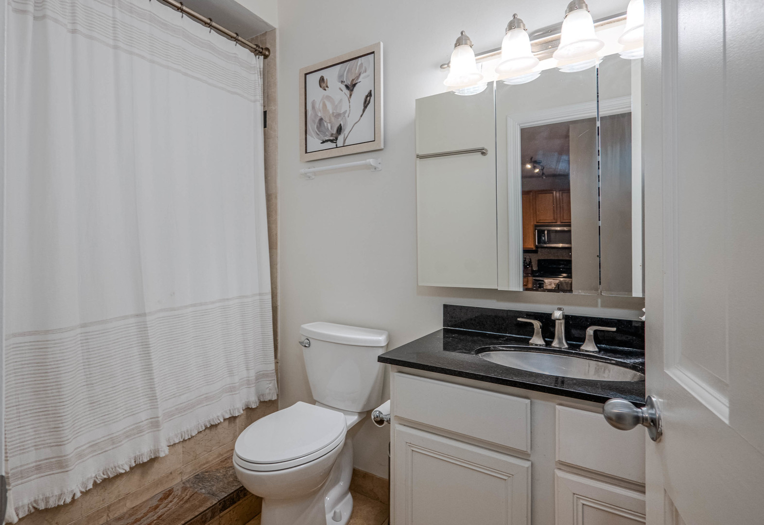 525 West Hawthorne Place, Unit 101 Chicago, IL 60657 - Photo 16 of 28 a bathroom with a granite countertop sink mirror vanity and toilet