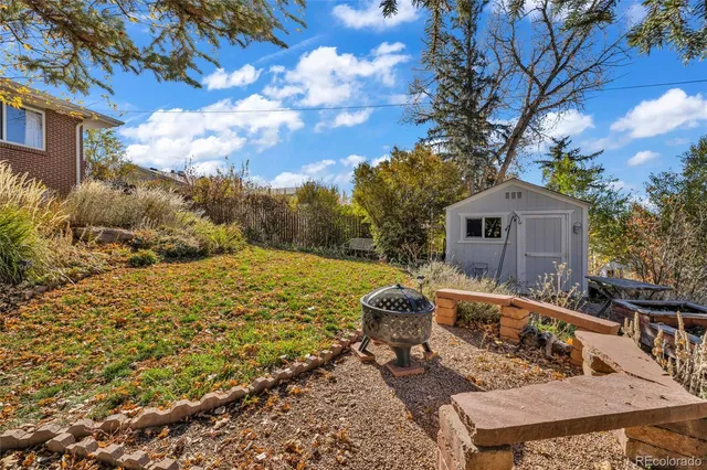 a view of backyard with swimming pool and furniture