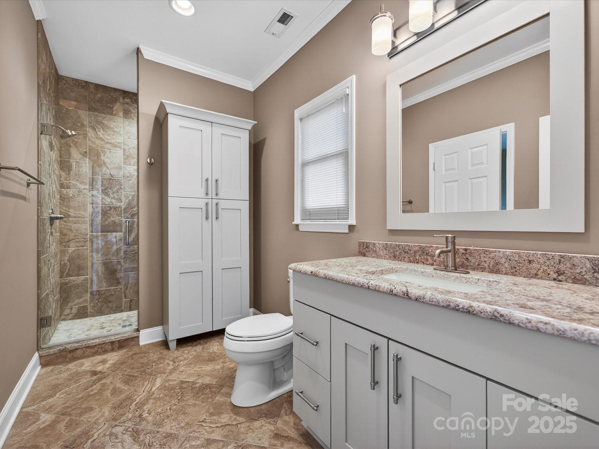 153 Collingswood Road Mooresville, NC 28117 - Photo 14 of 28 a bathroom with a granite countertop sink a toilet a mirror and shower