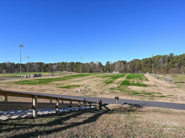 a view of a town with large trees