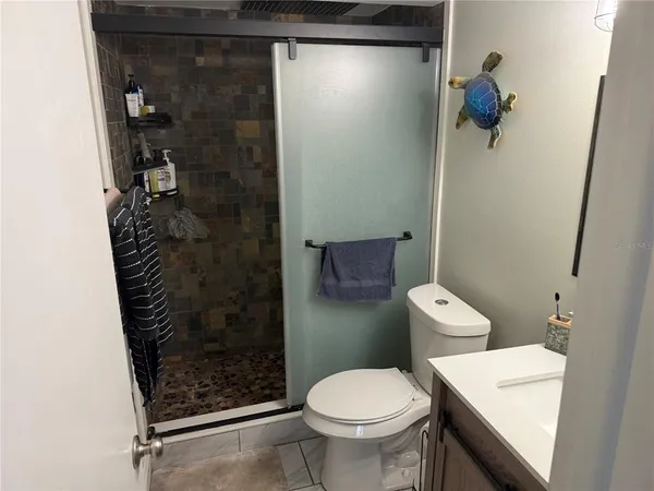 a bathroom with a shower a toilet and a sink