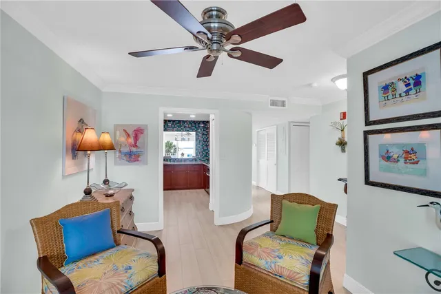 a living room with furniture a ceiling fan and a rug