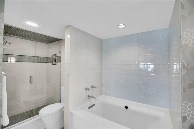 a bathroom with a shower and a toilet