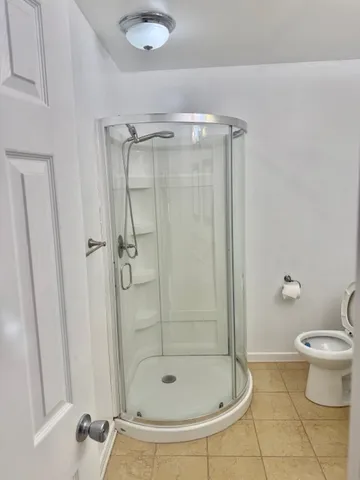 a bathroom with a shower and a toilet