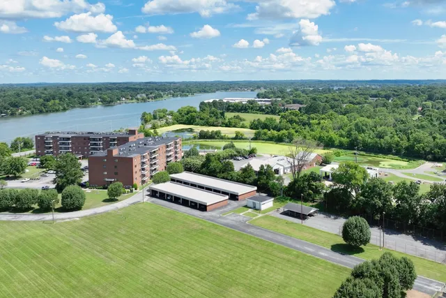 a view of a city with lawn chairs and large trees