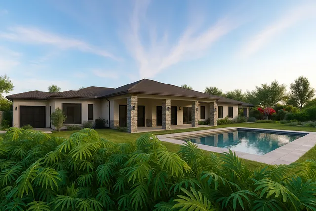 a view of a garden with a house