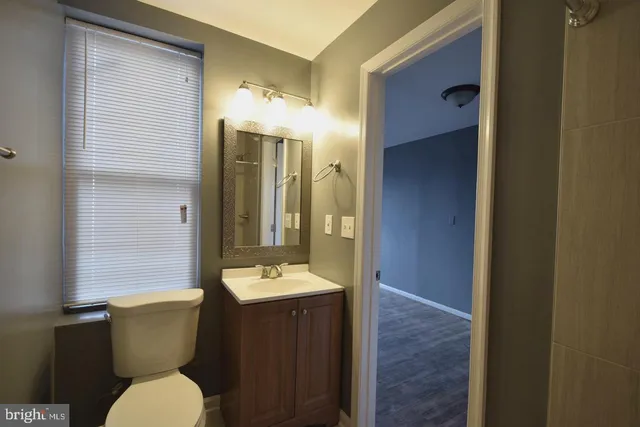 a bathroom with a toilet a sink and mirror