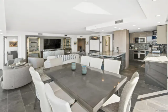 a view of a dining room with furniture