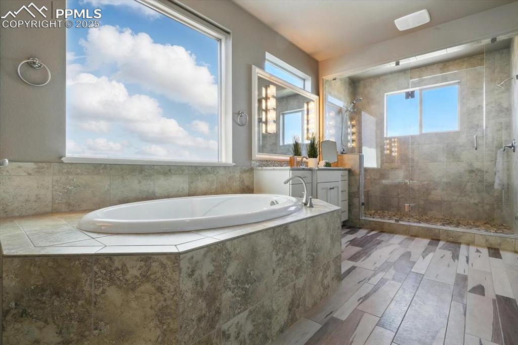 4577 Outlook Ridge Trail Colorado Springs, CO 80924 - Photo 24 of 45 a bathroom with a granite countertop bathtub sink vanity and mirror