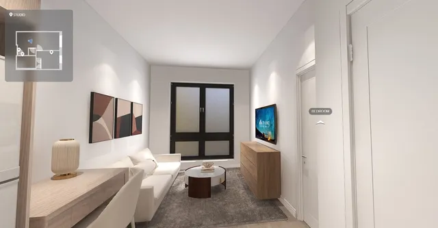 a bedroom with a bed and a wall painting