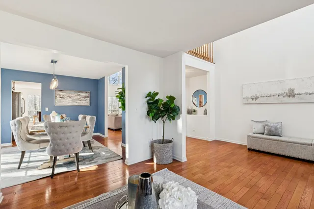 a living room with furniture and a potted plant