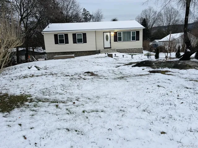 a front view of a house with a yard covered in snow