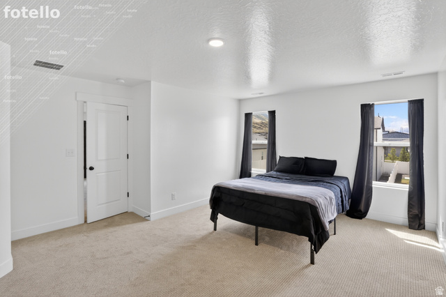 815 West Powderwood Lane Mapleton, UT 84664 - Photo 21 of 39 Bedroom with light colored carpet and a textured ceiling