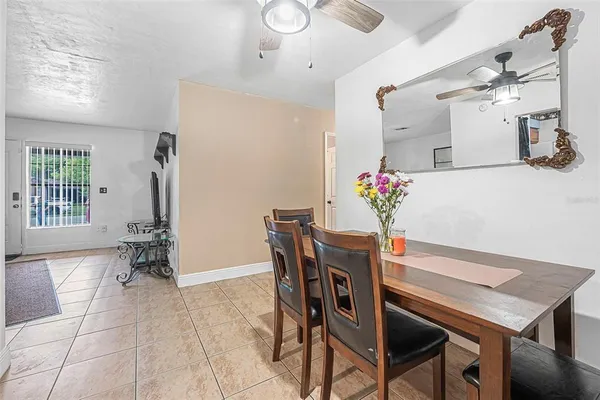 a view of a dining room with furniture and chandelier fan