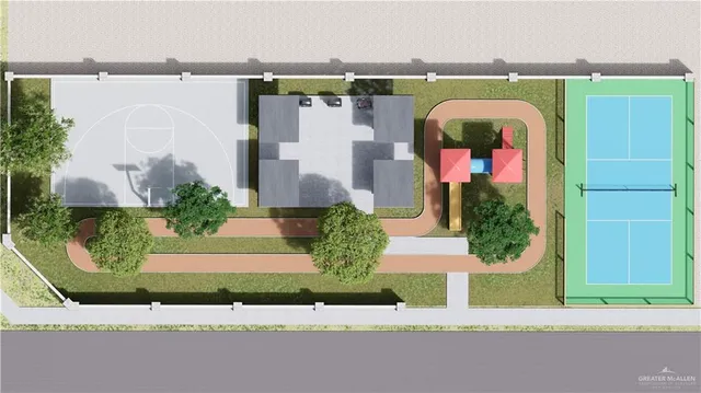 an aerial view of a house with a garden and plants