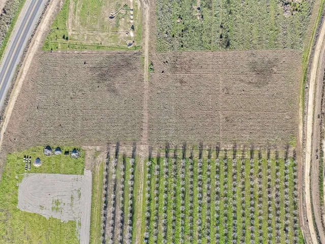 a view of a water with a bench and large trees