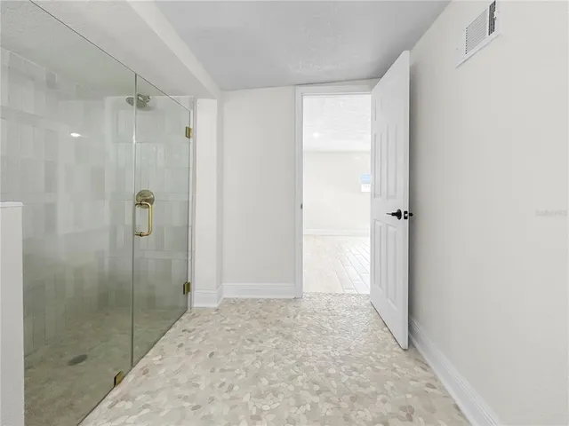 a bathroom with a shower and a sink