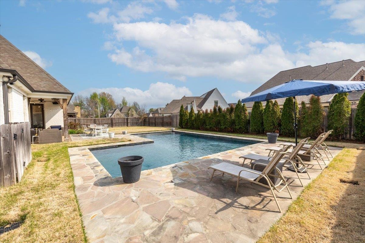 608 Cypress Run Cove Collierville, TN 38017 - Photo 33 of 40 View of swimming pool featuring patio surround, a fenced backyard, and a residential view