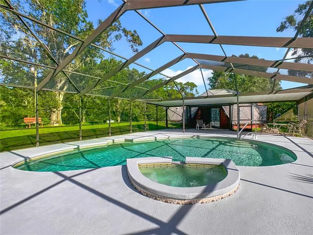a view of a garden with plants and large trees