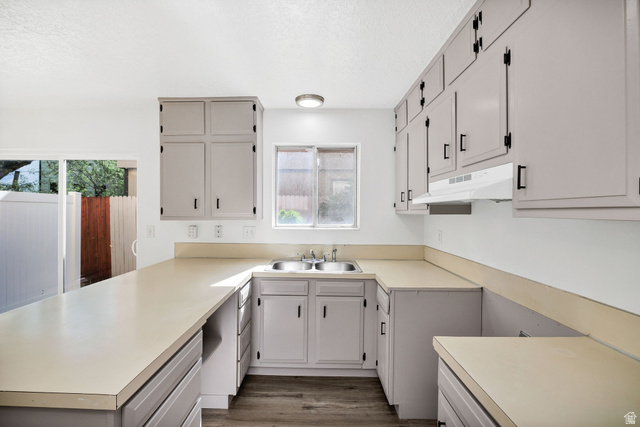 283 West 600 North, Unit 2 Logan, UT 84321 - Photo 14 of 36 U-shaped kitchen featuring light gray cabinetry, laminate countertops, and wood-finish flooring