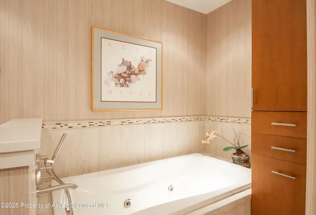 a bathroom with a bathtub and a shower