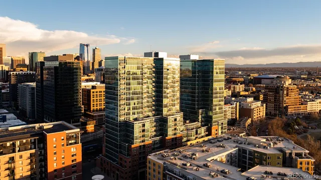 a city view with tall buildings