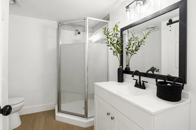 a bathroom with a sink a mirror and a shower