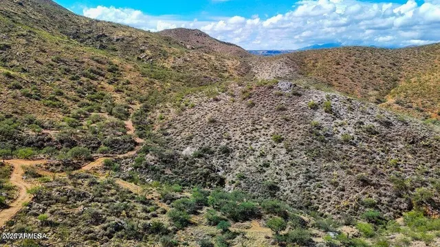 a view of a dry yard with mountains