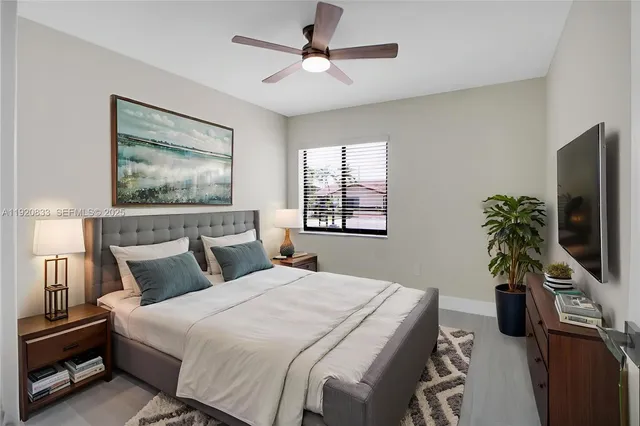 a bedroom with a bed and a flat screen tv