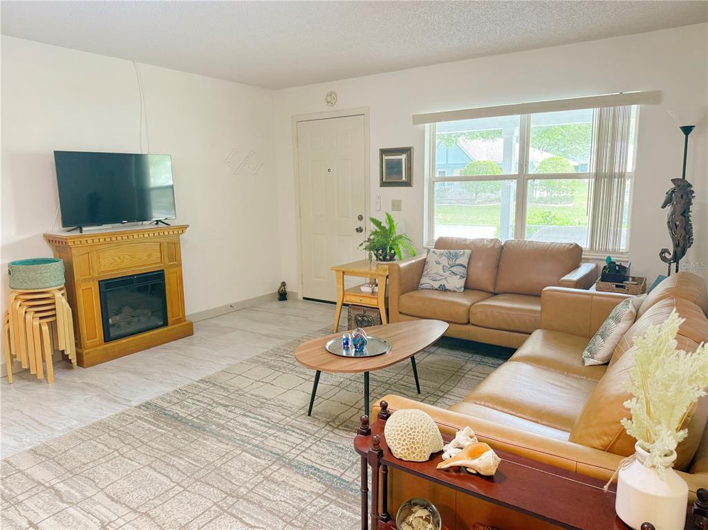 9394 Southwest 97th Lane, Unit A Ocala, FL 34481 - Photo 6 of 22 a living room with furniture a flat screen tv and a fireplace