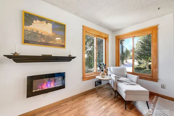 a living room with furniture a fireplace and a floor to ceiling window