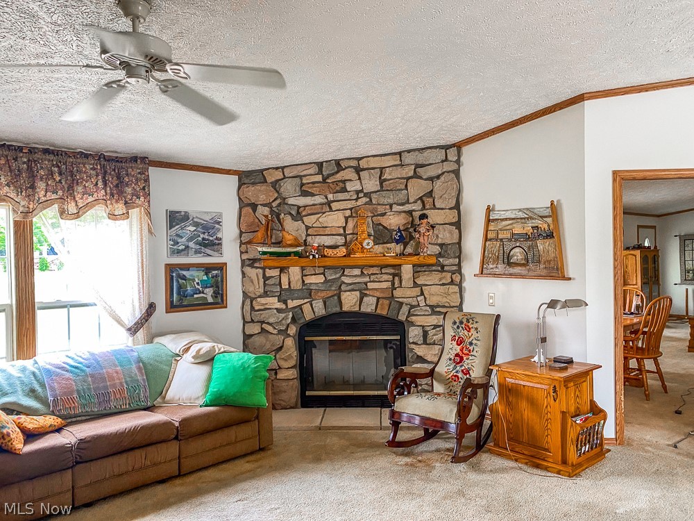 17499 Kinsman Road Middlefield, OH 44062 - Photo 21 of 49 Carpeted living room featuring a stone fireplace, a textured ceiling, and ceiling fan