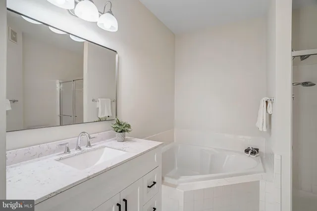 a bathroom with a tub sink and mirror