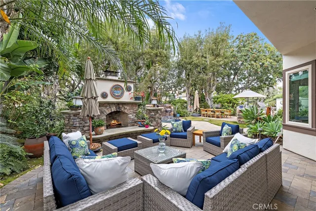 a building outdoor space with patio furniture