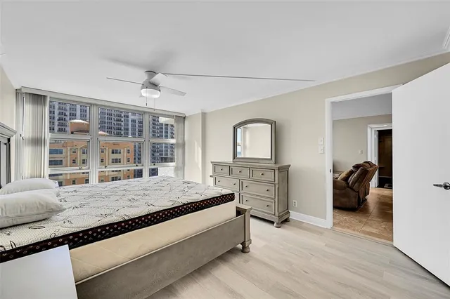 a bedroom with bed and wooden floor