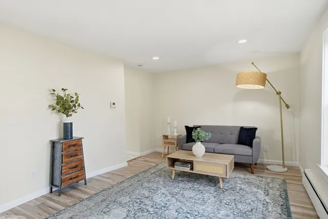 a living room with furniture and a potted plant