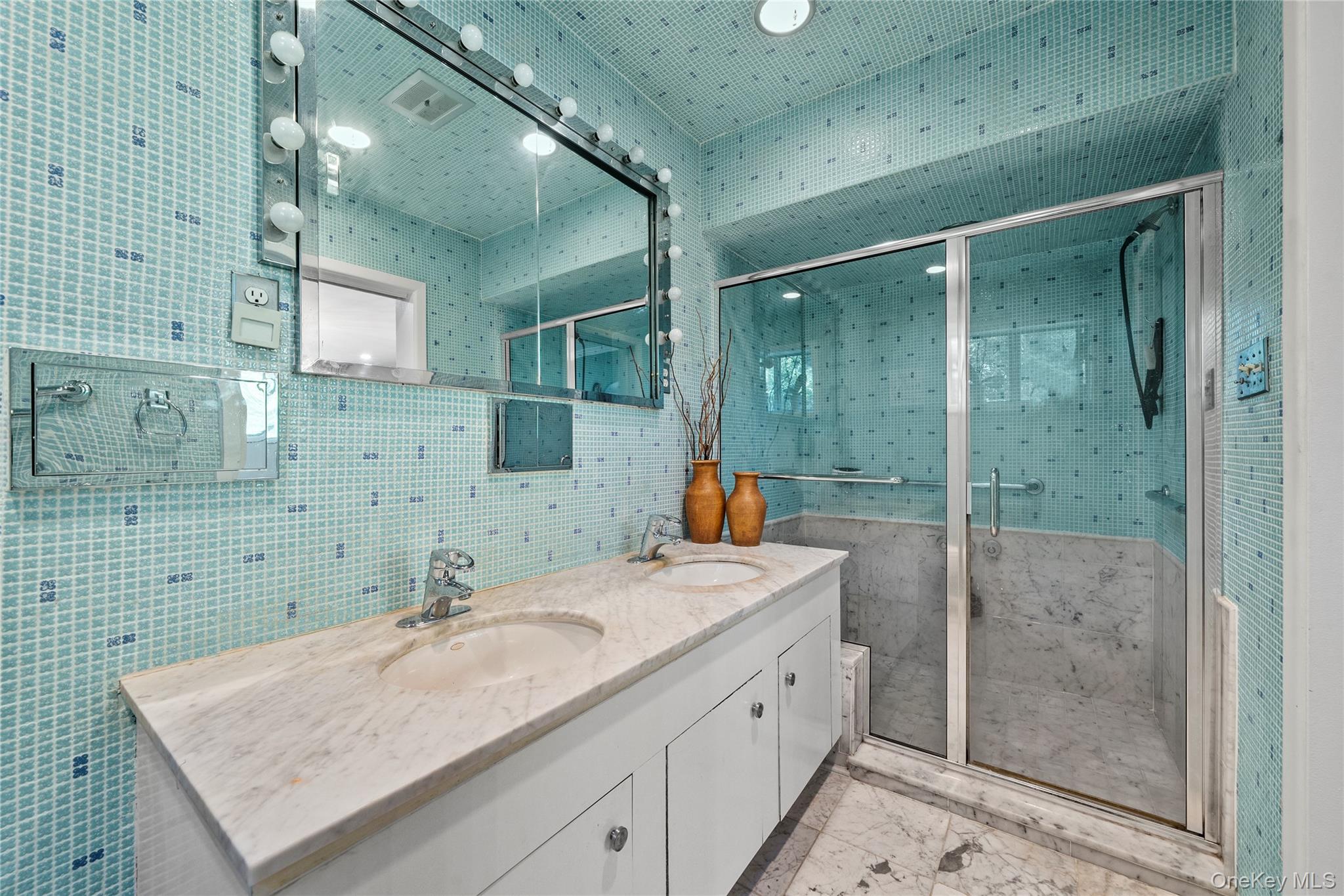 55 Rolling Hill Lane Old Westbury, NY 11568 - Photo 26 of 48 Bathroom featuring tile walls, double vanity, a marble finish shower, and marble finish floors