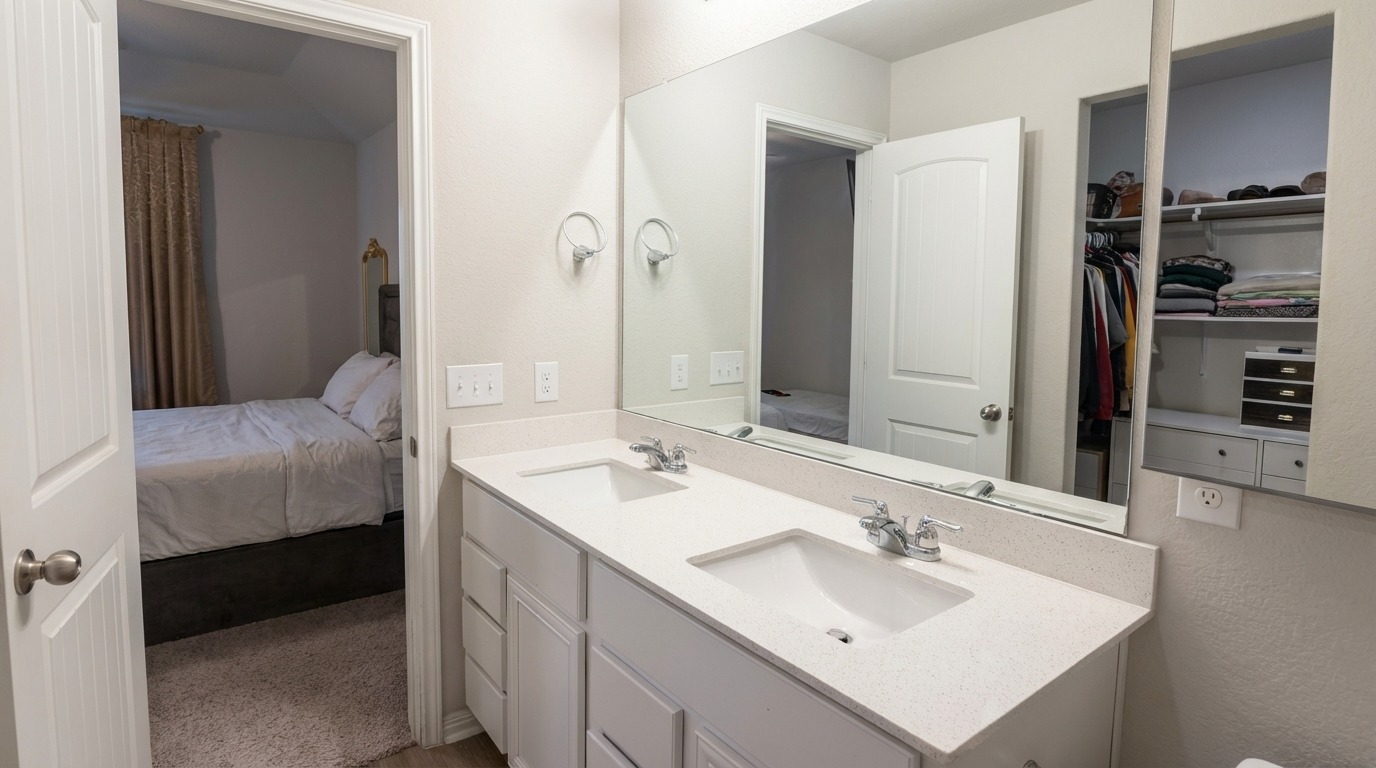 425 Shiner Lane Georgetown, TX 78626 - Photo 18 of 19 a en suite bathroom with a double vanity sink and a mirror