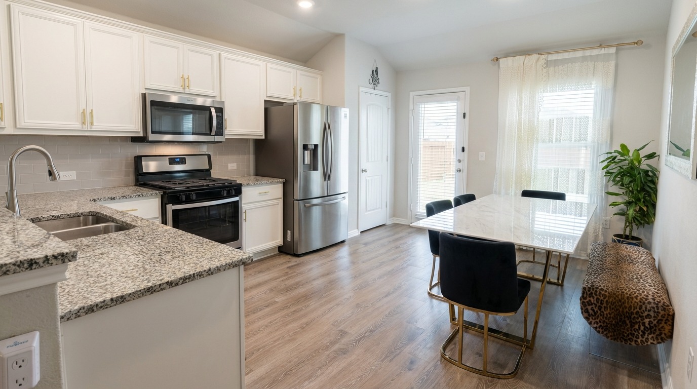 425 Shiner Lane Georgetown, TX 78626 - Photo 9 of 19 a kitchen with a sink a microwave a refrigerator and wooden floor