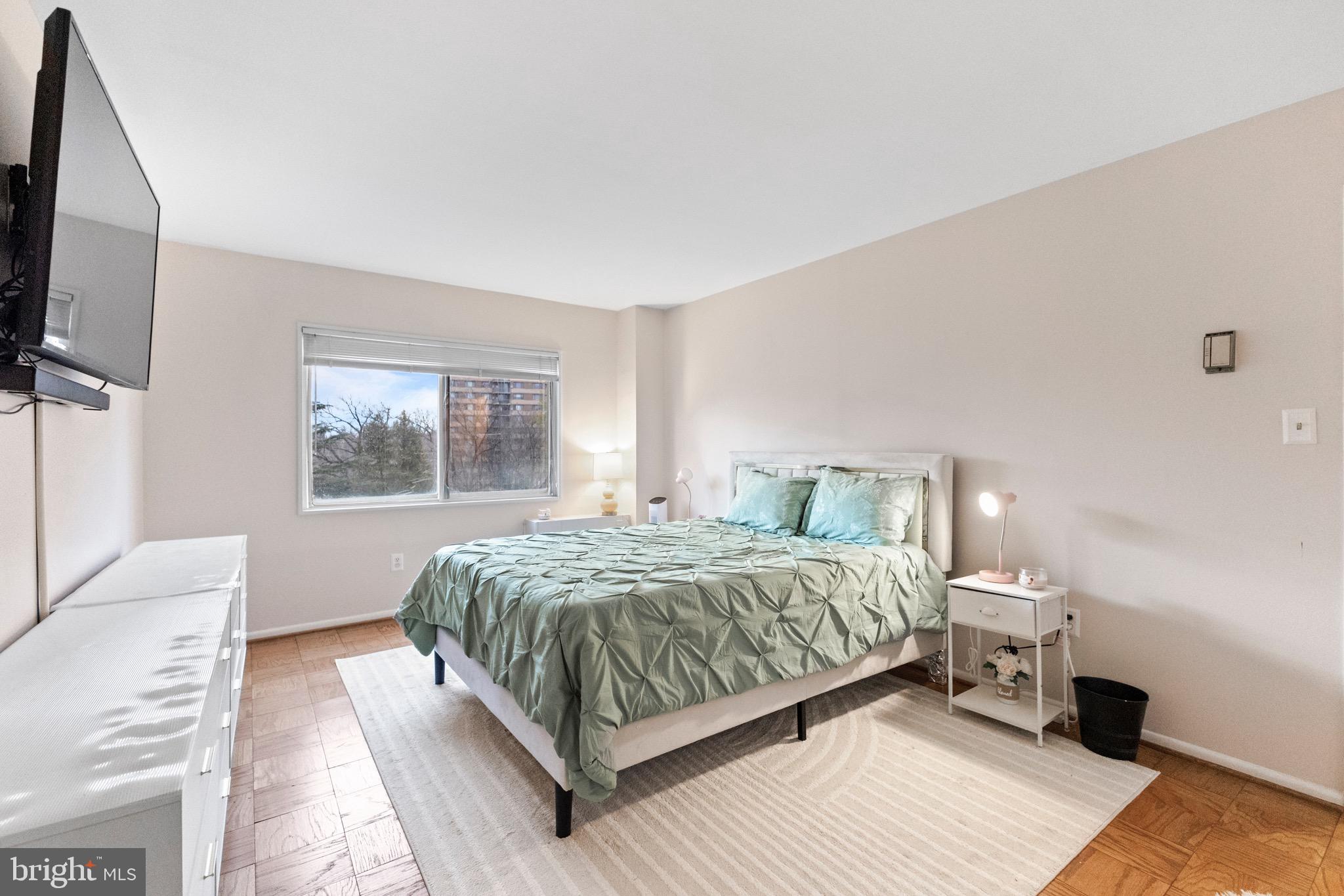 1111 University Boulevard West, Unit 313A Silver Spring, MD 20902 - Photo 10 of 20 a bedroom with a bed a mirror and a flat tv screen on a dresser