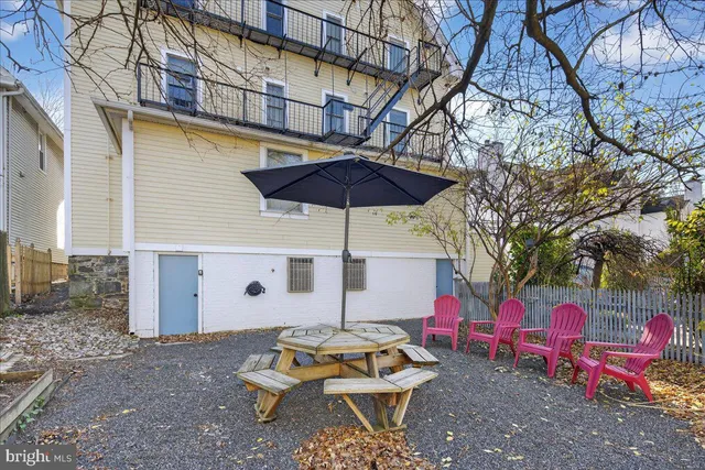 a backyard of a house with table and chairs
