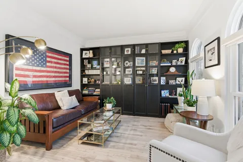 a living room with furniture and a potted plant