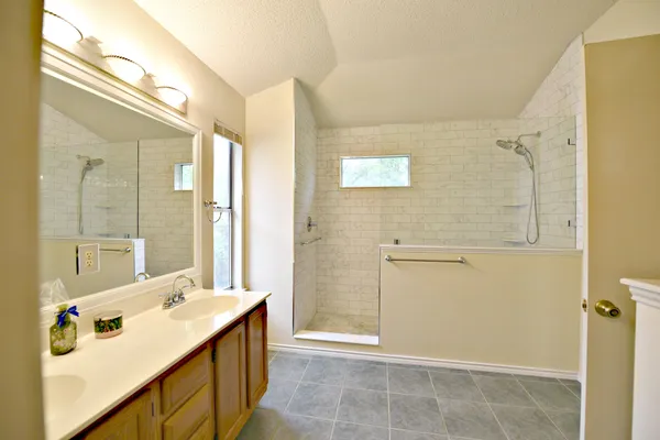 a bathroom with a sink a mirror and a shower