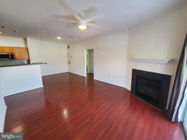 a view of empty room with wooden floor and fireplace
