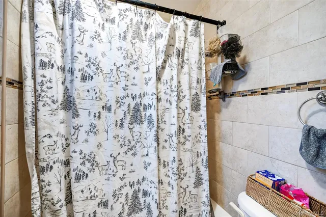 a bathroom with a shower curtain