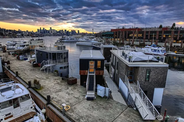 a view of a water with many windows