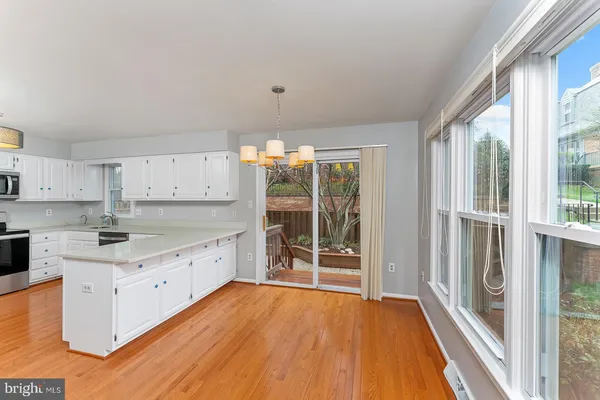 a view of a kitchen with wooden floor and a sink