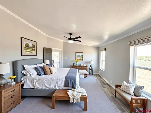 a bedroom with furniture and a large window